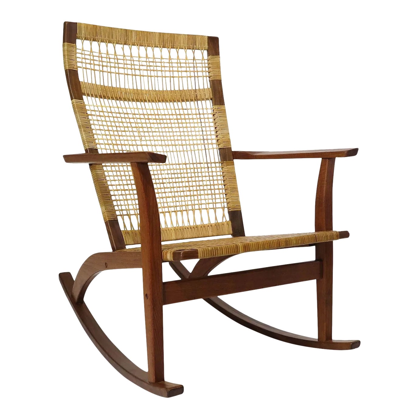 Hans Olsen for Juul Kristensen Teak Cane Rocking Chair | Chairish