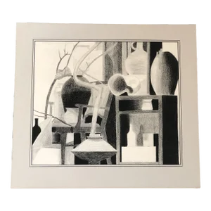 Original Vintage Modernist Charcoal Drawing Pots & Sticks in Interior Mid Century Modern 1970’s
