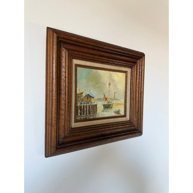 Impressionist 1960s Vintage Coastal Harbor & Lighthouse Oil Painting on Plywood – Framed For Sale - Image 3 of 13