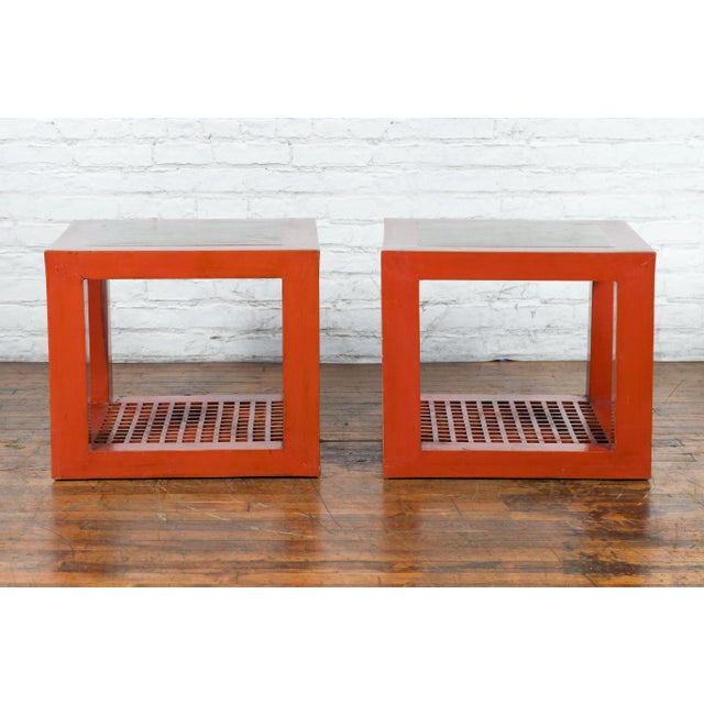Late 20th Century Chinese Red Lacquer & Ming Dynasty Marble Top Cube Side Tables - A Pair For Sale - Image 12 of 13