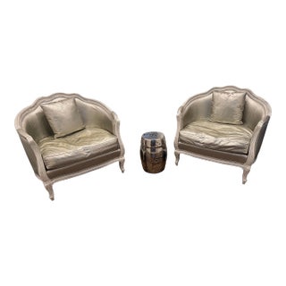 Metallic Silver Custom One of a Kind Chair Set With Pillows- Set of 2 For Sale