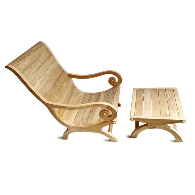 Outdoor Coastal Transitional Teak Scroll Arm Chair & Ottoman For Sale - Image 4 of 6