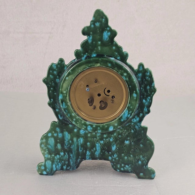 Late 20th Century Vintage West German Green & Turquoise Ceramic Mantel Clock, Baroque Rococo Style For Sale - Image 5 of 13