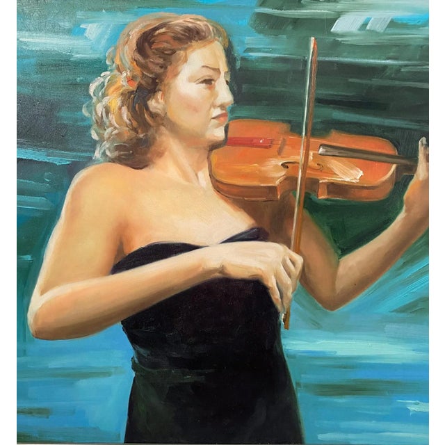 Large Expressionist Style Oil Painting of Woman Playing