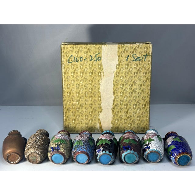 Blue Vintage Chinese Cloisonne Vases: Enameling Process Set with Box For Sale - Image 8 of 10