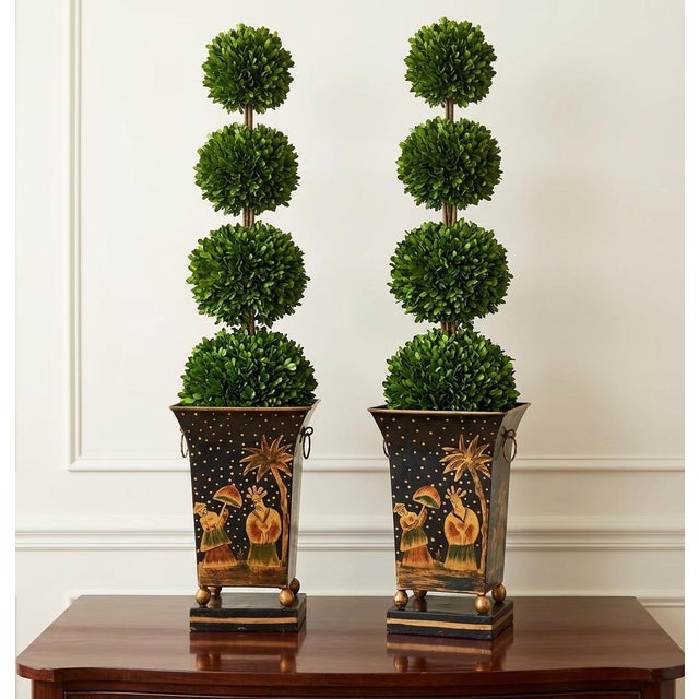 Extraordinary handpainted tole covered urns. Lovely chinoiserie decoration, button feet and ring handles.