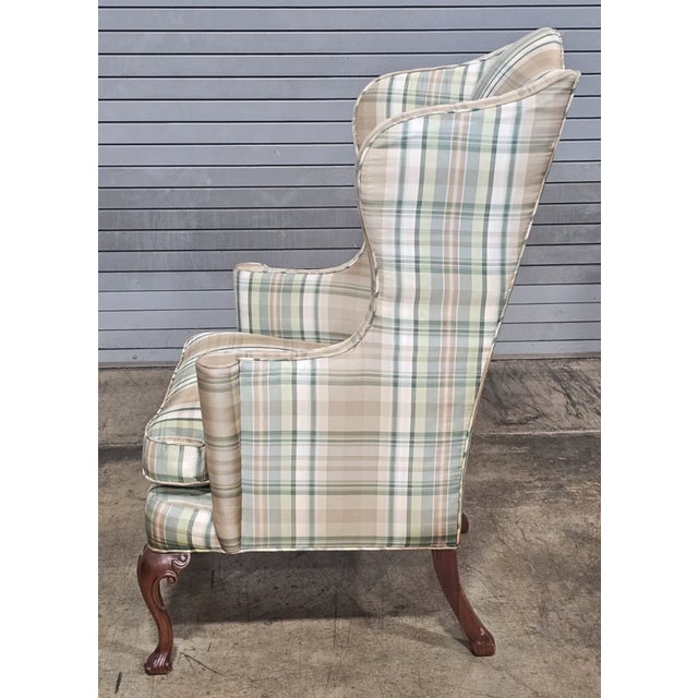 Wood Late 20th Century Southwood Mahogany Queen Anne Style Wing Chair Plaid Fabric Trifold Feet For Sale - Image 7 of 8