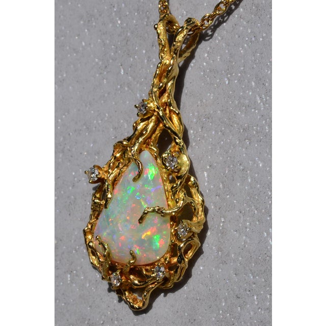 Contemporary The Cicero: Ladies Brutalist Style 14K Yellow Gold Opal and Diamond Pendant For Sale - Image 3 of 4