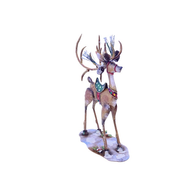 Tall holiday stag buck reindeer metal art sculpture standing 14 inches in brown, green, red, and white with protective...