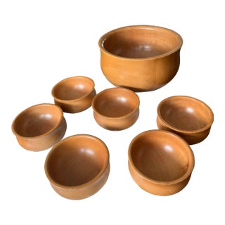 1970s Italian Manzoni Pietro for Vietri Olive Wood Salad Bowl Set- 7 Pieces For Sale