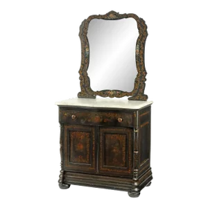 Antique Victorian Chinoiserie Painted Marble-Top Mirrored Vanity Table / Washstand Chest Signed Gwt