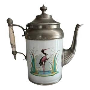 Antique Manning, Bowman & Co Painted Heron Enamel & Pewter Coffee Pot C. Late 1800s