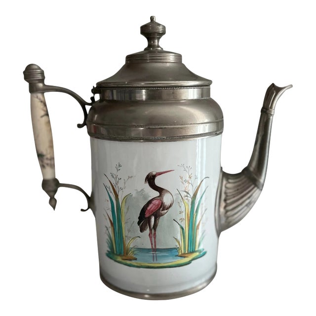 Antique Manning, Bowman & Co Painted Heron Enamel & Pewter Coffee Pot, Late 1800s For Sale