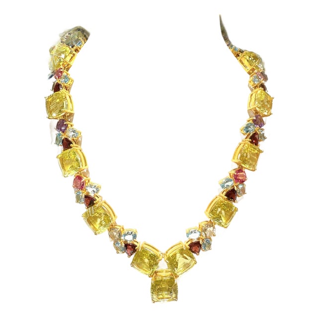 Bochic “Capri” Lemon Quartz, Blue Topaz & Rose Rosrite Necklace - 18K Gold & Si For Sale