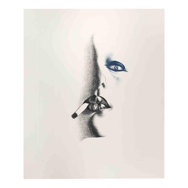 Giacomo Porzano, Smoker in White, Etching, 1972 For Sale