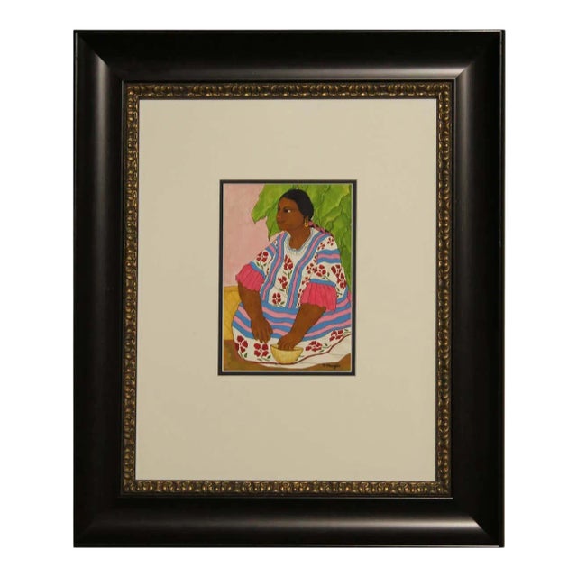 Nadine Mayes Colorful Watercolor Portrait of Seated Female in Blue and Pink Floral Dress 1990s For Sale