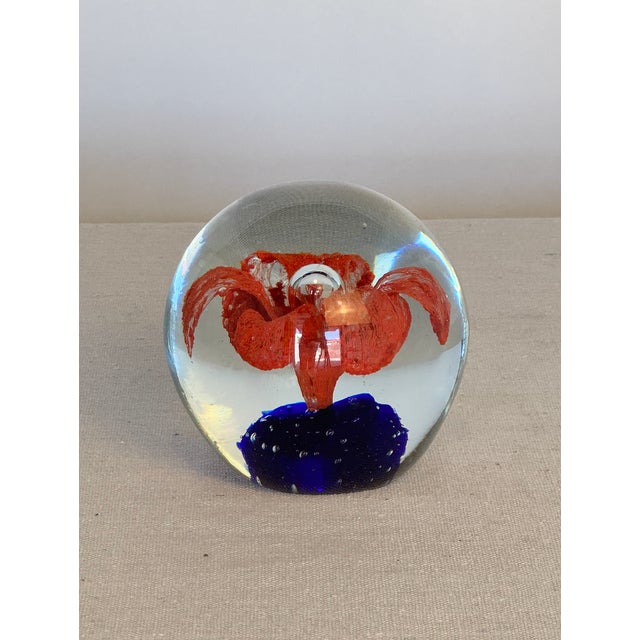Vintage Italian Glass Paperweight with Red Flower detail, 3.5w x 3.5 h