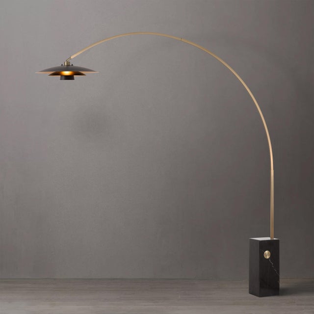 Mid-Century Modern Iconic Rancho Mirage 94 1/4 Inch Dimmable Arc Lamp - 19 Inch Fleur 3-Tier Black Metal Saucer Shade Gold...
