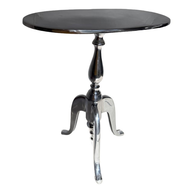 Polished Aluminum Oval Pedestal Side Table With Sculptural Tripod Base For Sale