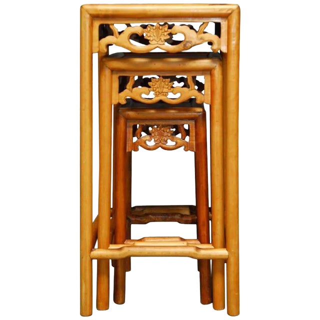 Chinese Lotus Blossom Stacked Nesting Tables - Set of 3 For Sale