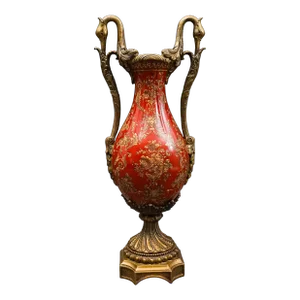 Vintage Hand Painted Gold Floral Porcelain Ornate Bronze Swan Urn Vase