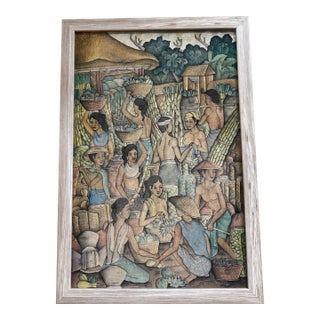 Vintage Traditional Indonesian Balinese Village Nude Ladies on Cloth, Framed Signed Sudha For Sale