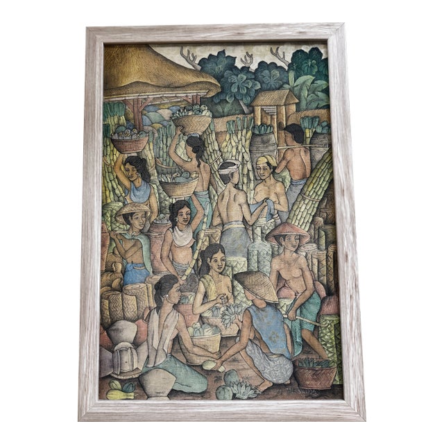 Vintage Traditional Indonesian Balinese Village Nude Ladies on Cloth, Framed Signed Sudha For Sale
