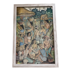 Vintage Traditional Indonesian Balinese Village Nude Ladies on Cloth, Framed Signed Sudha