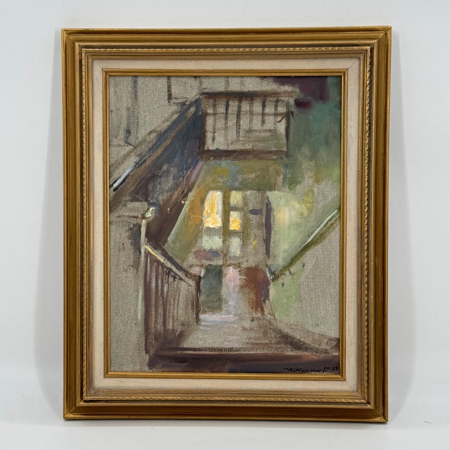 Metal Ronald L. Marvin Jr. Original Impressionist Oil Painting Stairwell Interior For Sale - Image 7 of 12