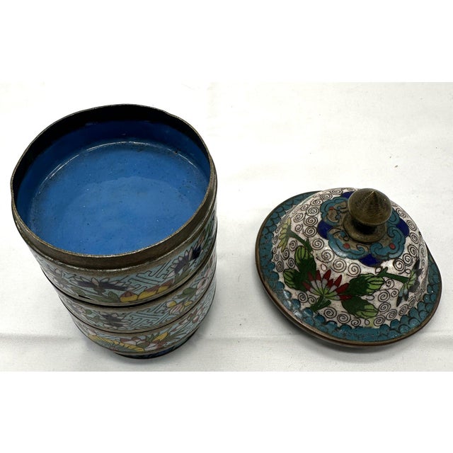 Antique 19th Century Chinese Cloisonné Stacking Box, Late Qing Dynasty, Blue Enamel, Scholar Accessory For Sale - Image 9 of 15