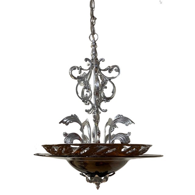 Chrome Tone Scroll Metal 3 Light Chandelier With Tortoise Shell Murano Style Asymmetrical Glass Shade For Sale - Image 9 of 18