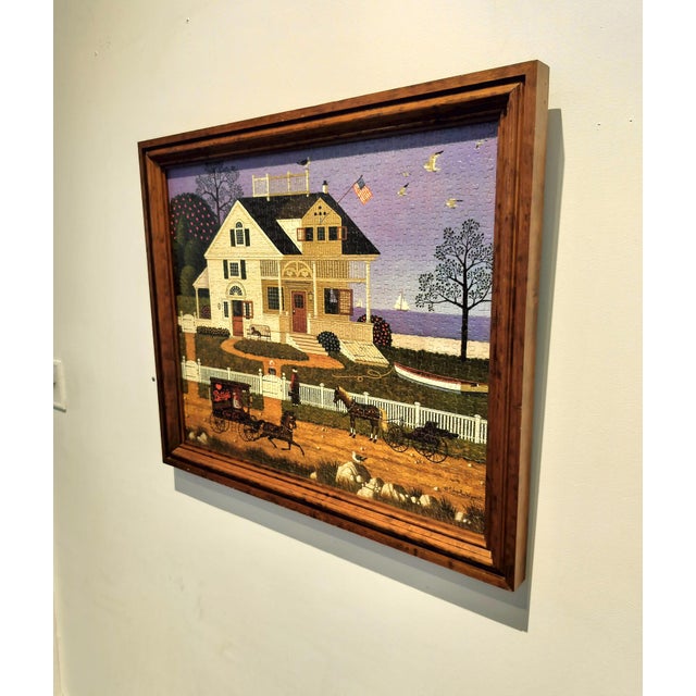 Charming vintage framed puzzle circa 1960's. Nostalgic Americana Cape Cod style house. Measures: 30" wide x 25" high
