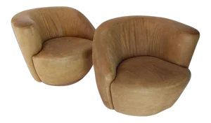 Mid-Century Modern Vladimir Kagan Nautilus Tan Leather Swivel Lounge Chairs - a Pair
