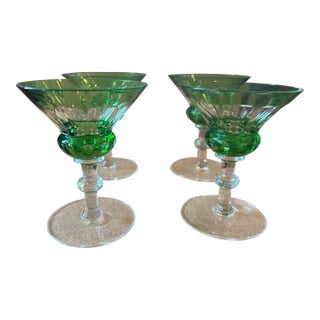 1930s Emerald Green Art Deco Stemmed Glasses, Czechoslovakia- Set of 4 For Sale