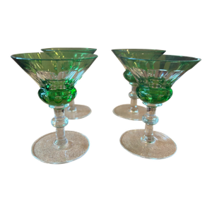 1930s Emerald Green Art Deco Stemmed Glasses, Czechoslovakia- Set of 4
