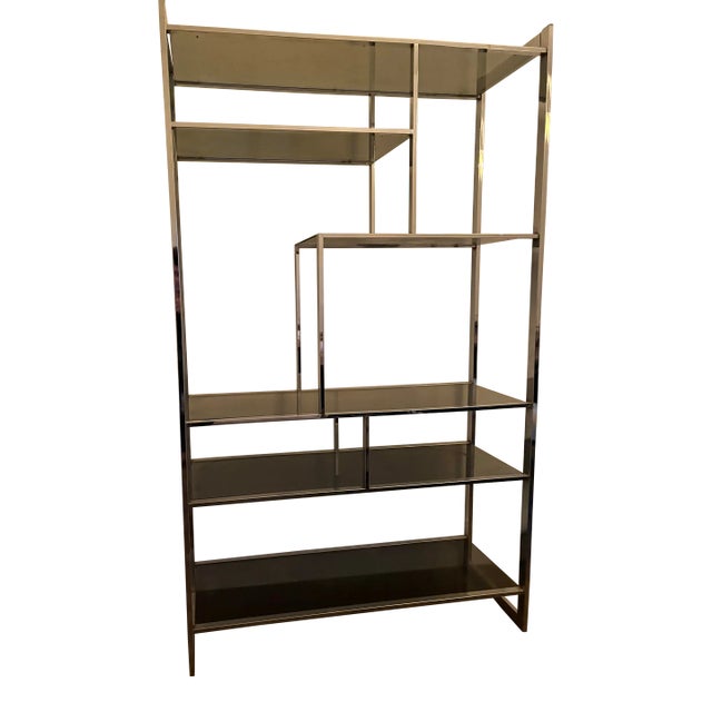 1970s Chrome and Smoked Glass Etagere Shelf Designed by Milo Baughman for Design Institute of Americ For Sale