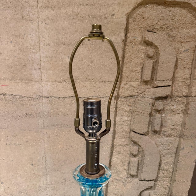 For your consideration, mid-century modern blue Murano glass table lamps designed by Seguso, featuring a distinct two-...