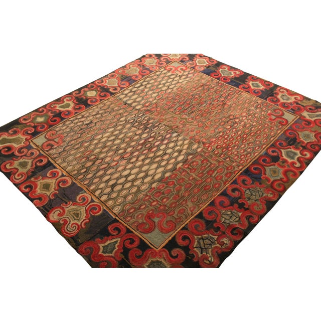 Traditional Antique Hand Hooked Rug in All Over Red, Beige-Brown Geometric Pattern For Sale - Image 3 of 5