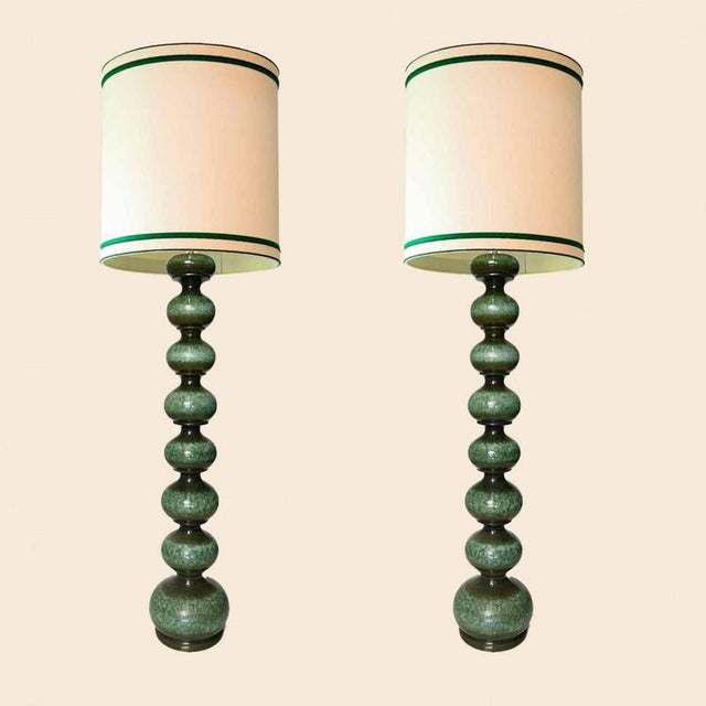 Ceramic Green Ceramic Floor Lamp from Kaiser with Silk Lampshade by R. Houben, 1960s For Sale - Image 7 of 7