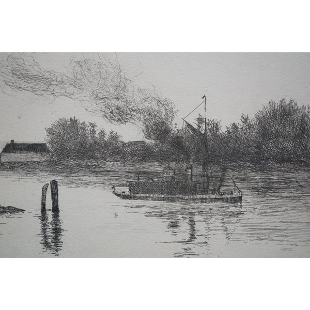 Antique 19th Century Coastal Fishing Village Tugboat Sailboat Etching 29" For Sale - Image 10 of 11