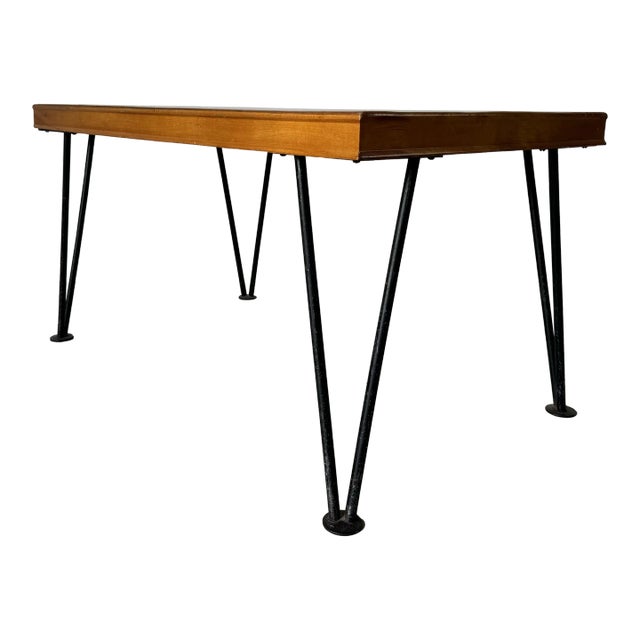 Mid Century Modern Wood Top Coffee Table W/ Iron Hairpin Legs For Sale