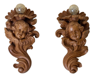 European Alpine Baroque Style Hand-Carved Cherub Wall Sconces in Spruce, 1970, Set of 2