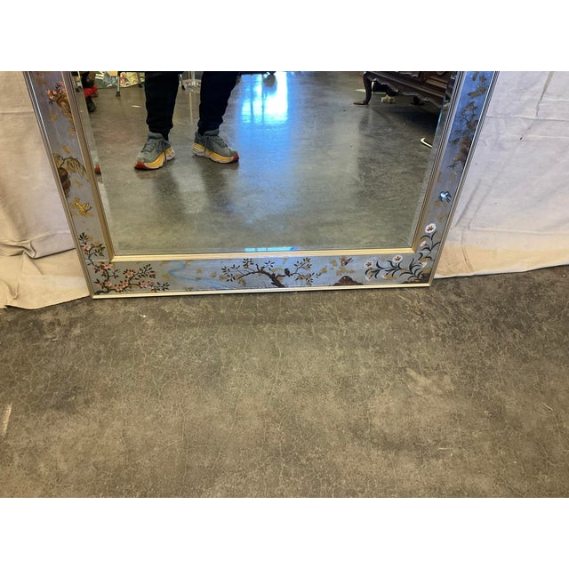 Chinoiserie 1980s La Barge Asian Chinoiserie Silver Leaf Hand-Painted Mirror For Sale - Image 3 of 10