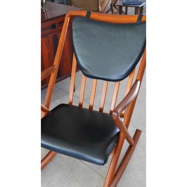 1960s Attributed to Benny Linden Danish Teak Rocking Chair | Reupholstered Black Leather For Sale - Image 10 of 13