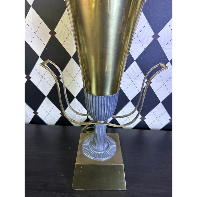 Metal 1960s Art Deco Tommi Parzinger Brass Copper Table Lamps Mixed-Metal Sculptural with Glass Shades - Pair For Sale - Image 7 of 9