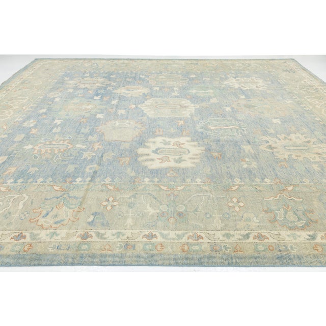 Hand-Knotted Modern Oushak Wool Rug in Soft Sky Blue, Cream & Muted Teal For Sale - Image 4 of 11