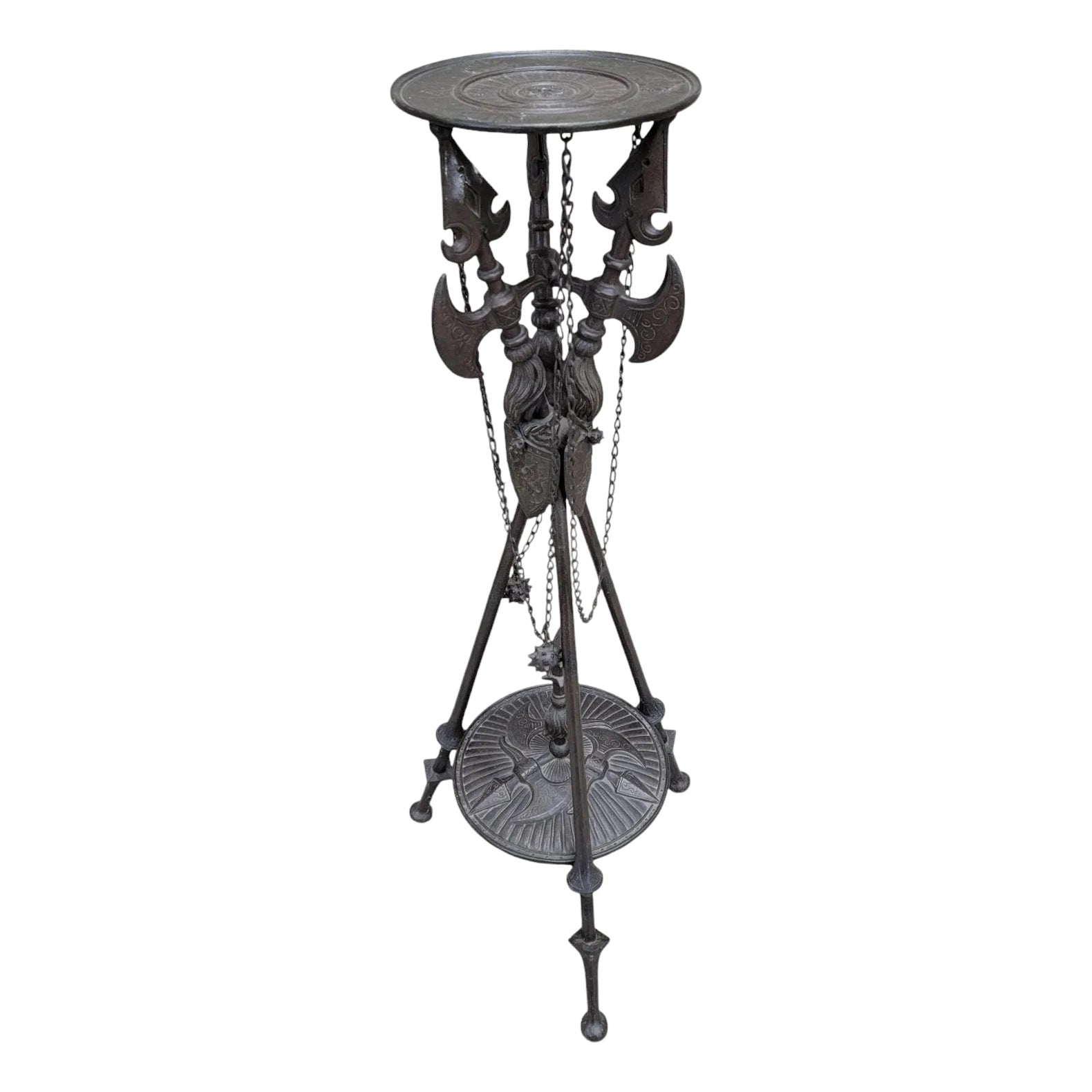 Vintage Bronze English Gothic Knight Ax & Shield Footed Pedestal Stand ...