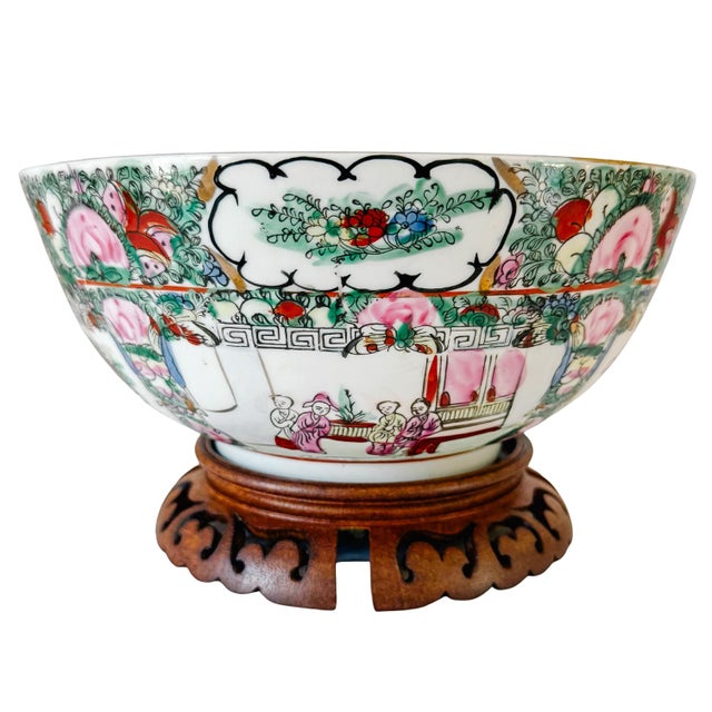 Wood 1970s Chinese Rose Medallion Hand-Painted Porcelain Punch Bowl With Carved Wood Stand For Sale - Image 7 of 13