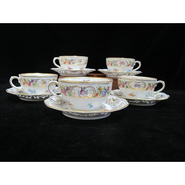 Shabby Chic Dresden Schumann Bavaria Chateau Flower Cup & Reticulated Saucer Set of 5 For Sale - Image 3 of 13