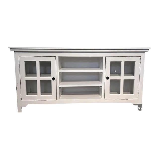 Coastal Distressed White Glass Door Media Console Sideboard For Sale